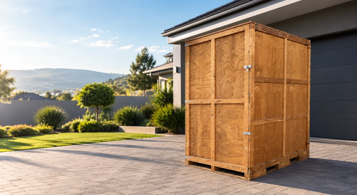 Wooden storage unit outside a modern South African home